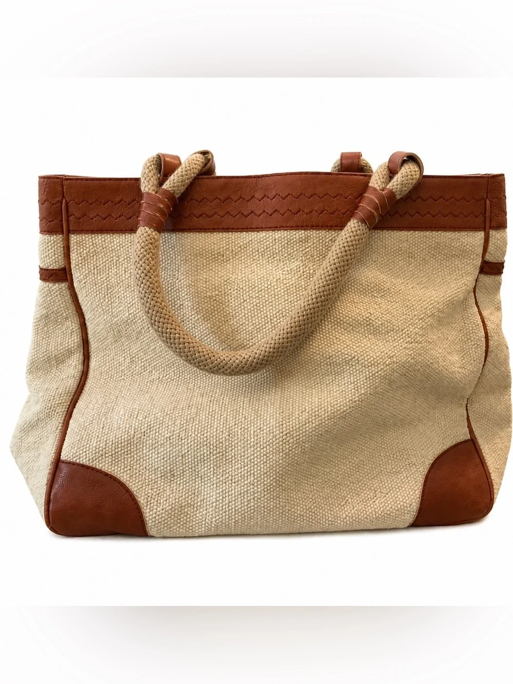 Kate Landry Canvas & Leather Tote Bag Large Boho Chic Rope Handle Jute